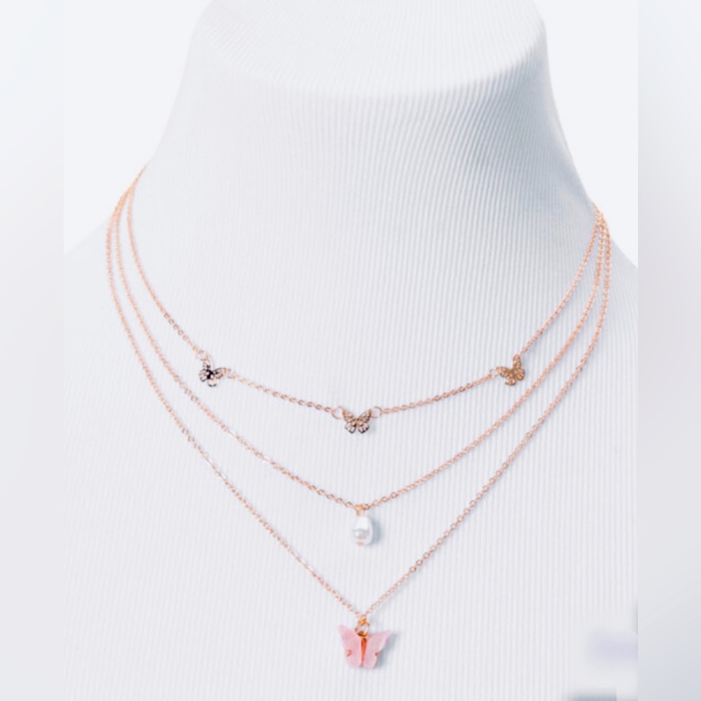 Layered Necklace Set gold tone butterfly pearl
